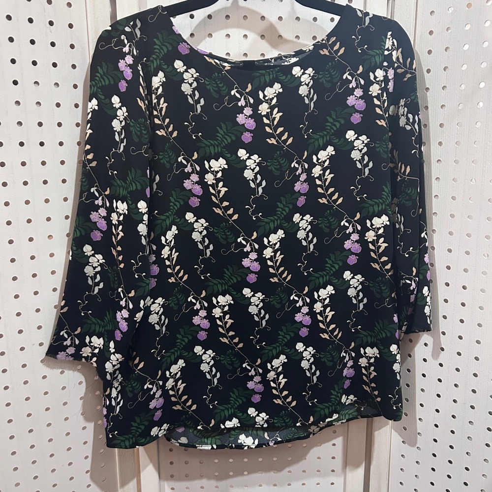 Ann Taylor Black Floral Print 3/4 Sleeve Top Women's Size S
